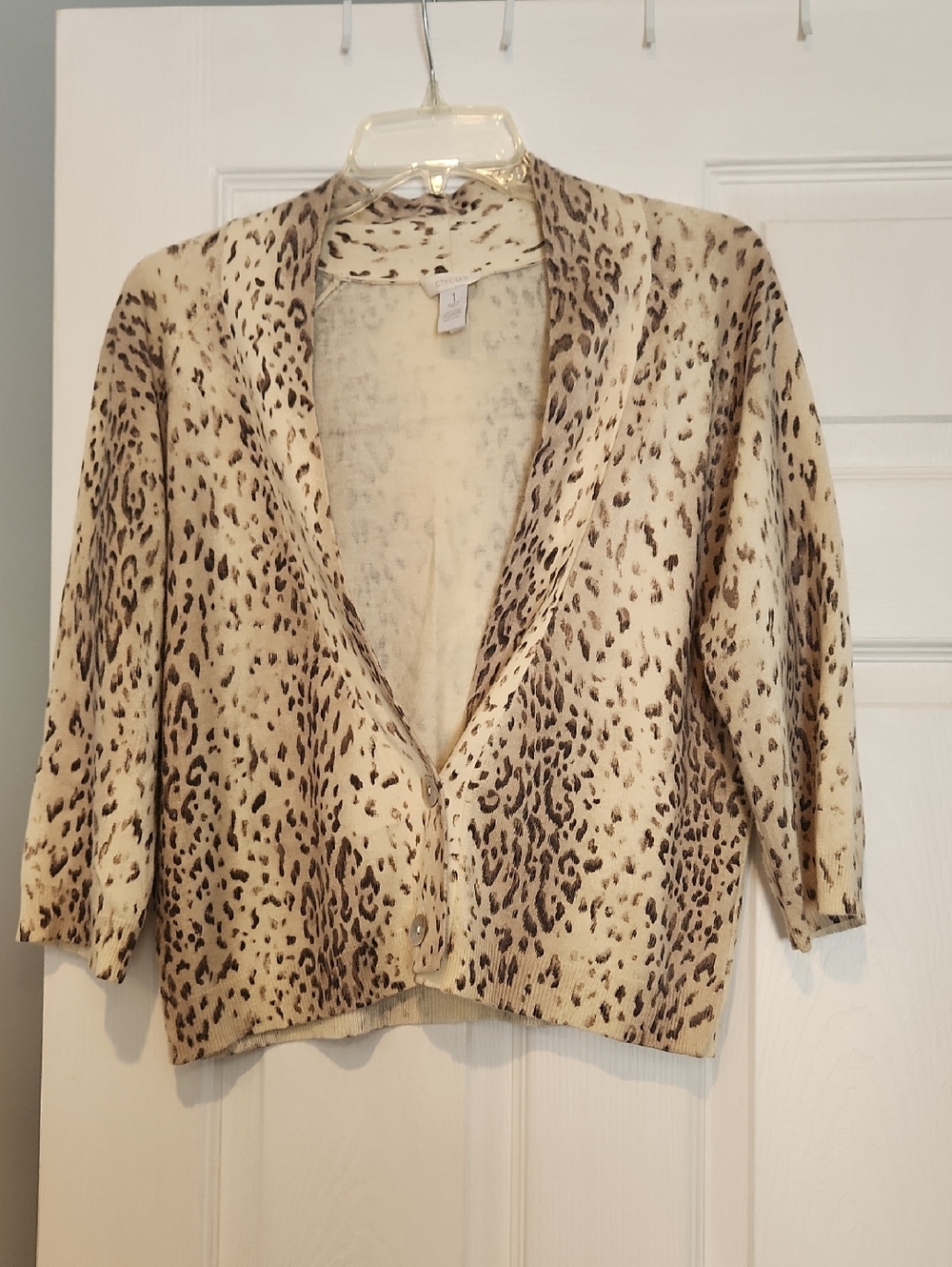Chico's Cream and Brown Leopard 2 Button 3/4 Sleeve Cardigan